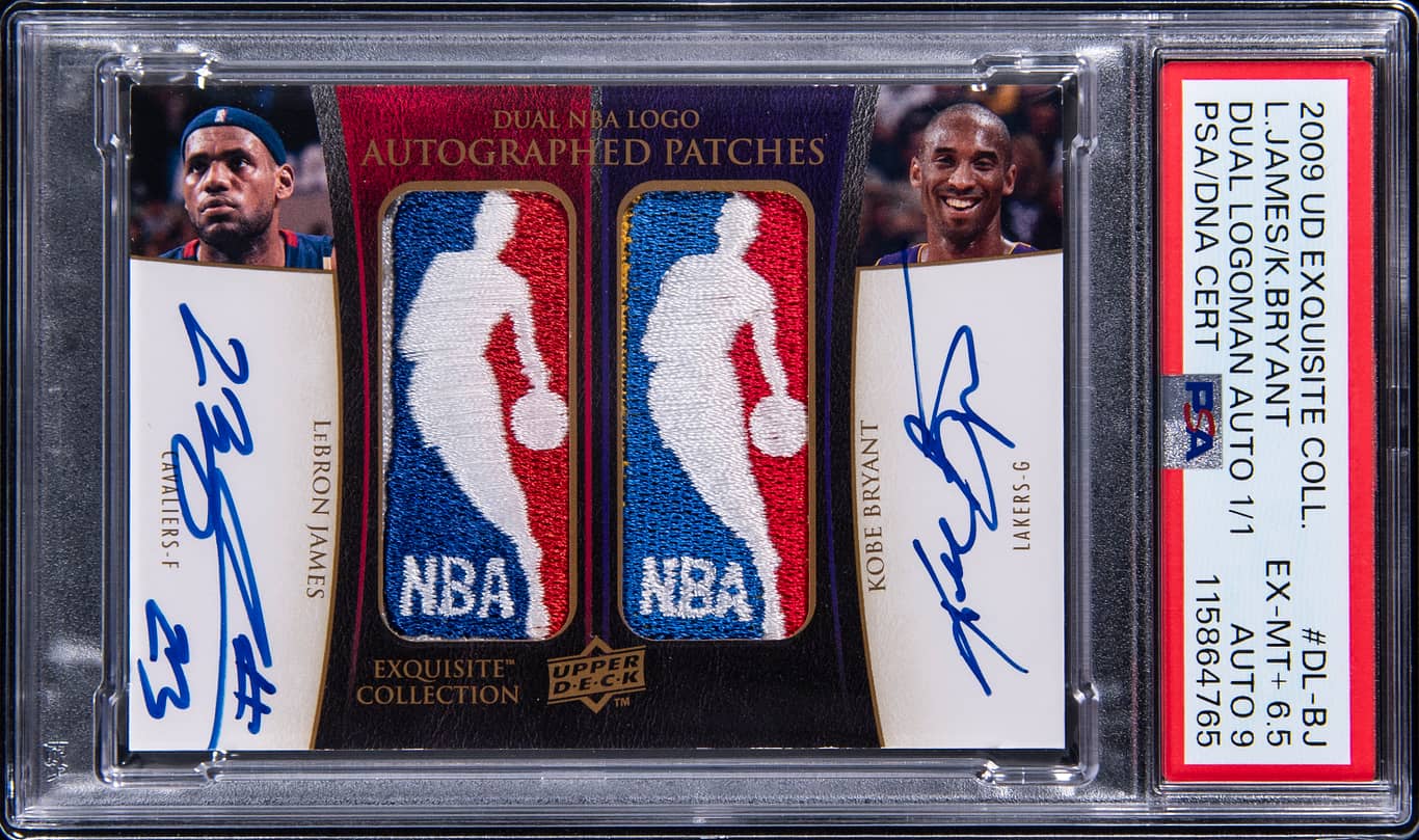 2009-10 Upper Deck Exquisite Collection Dual NBA Logo Autographed Patches #DL-BJ LeBron James/Kobe Bryant Dual-Signed Game-Used Logoman Patch Card (#1/1)